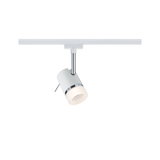 Modern white LED spotlight with chrome accents on track system for flexible room lighting