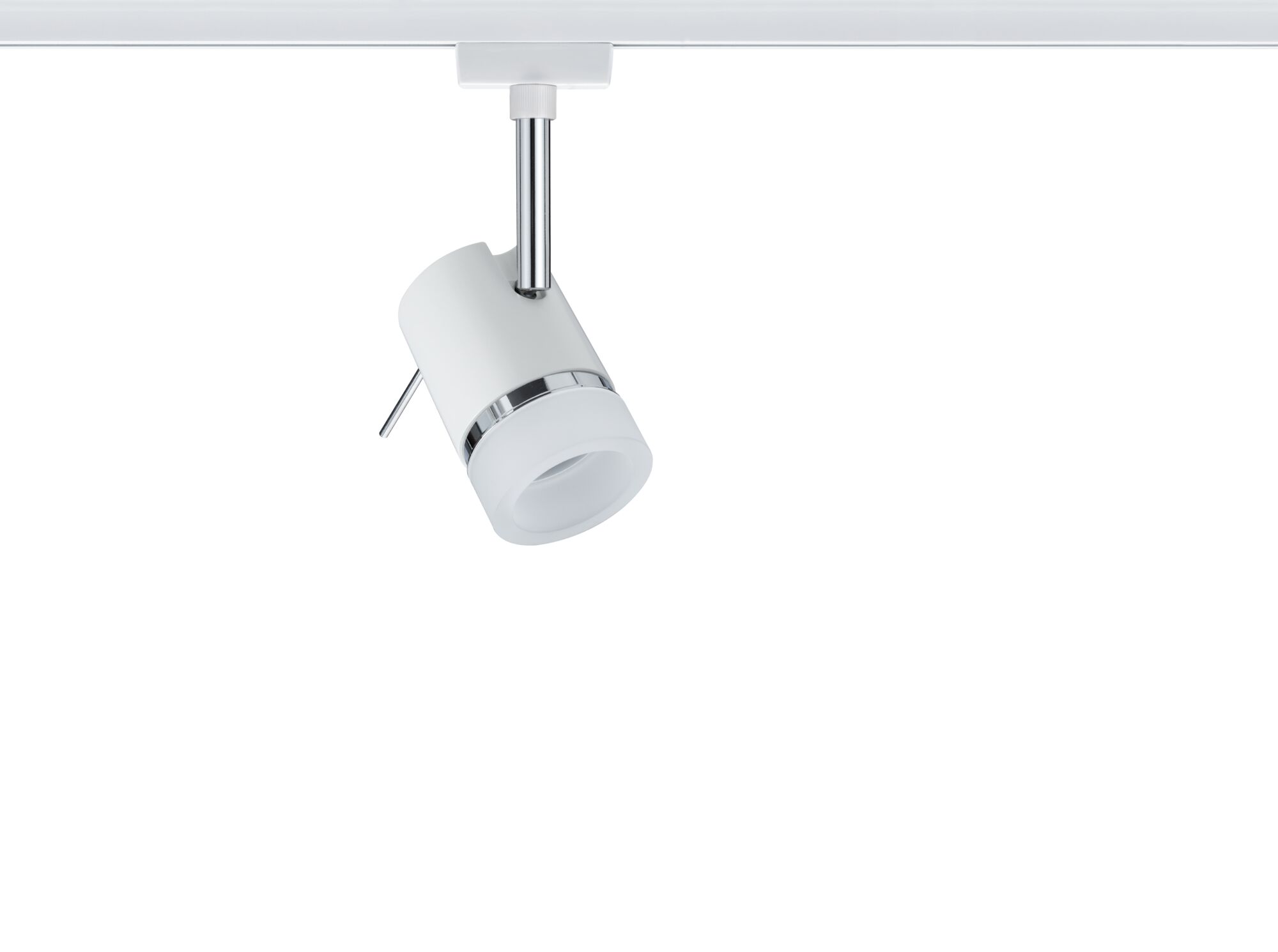 Moderner weißer LED-Strahler aus Metall mit verchromtem Stab für flexible Beleuchtung