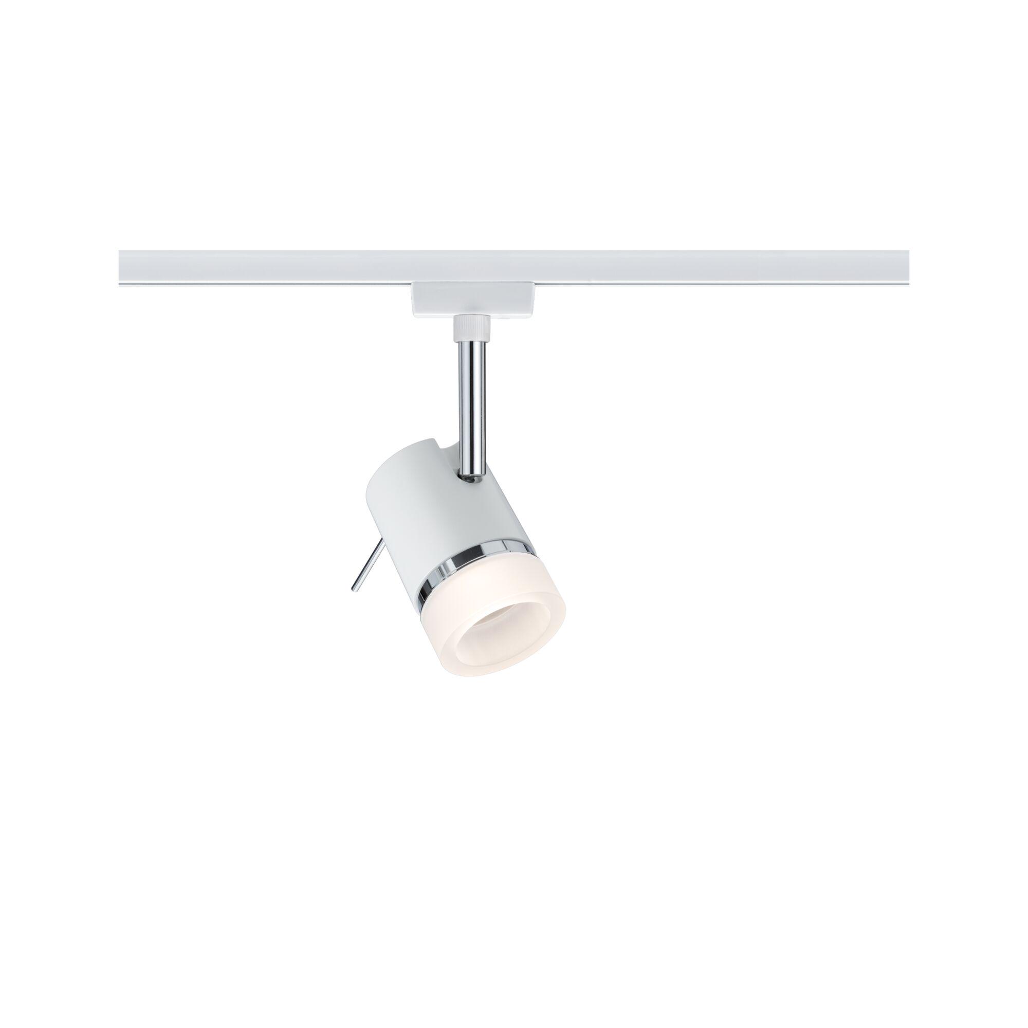 Modern white metal LED spotlight with chrome rod for adjustable lighting in interiors