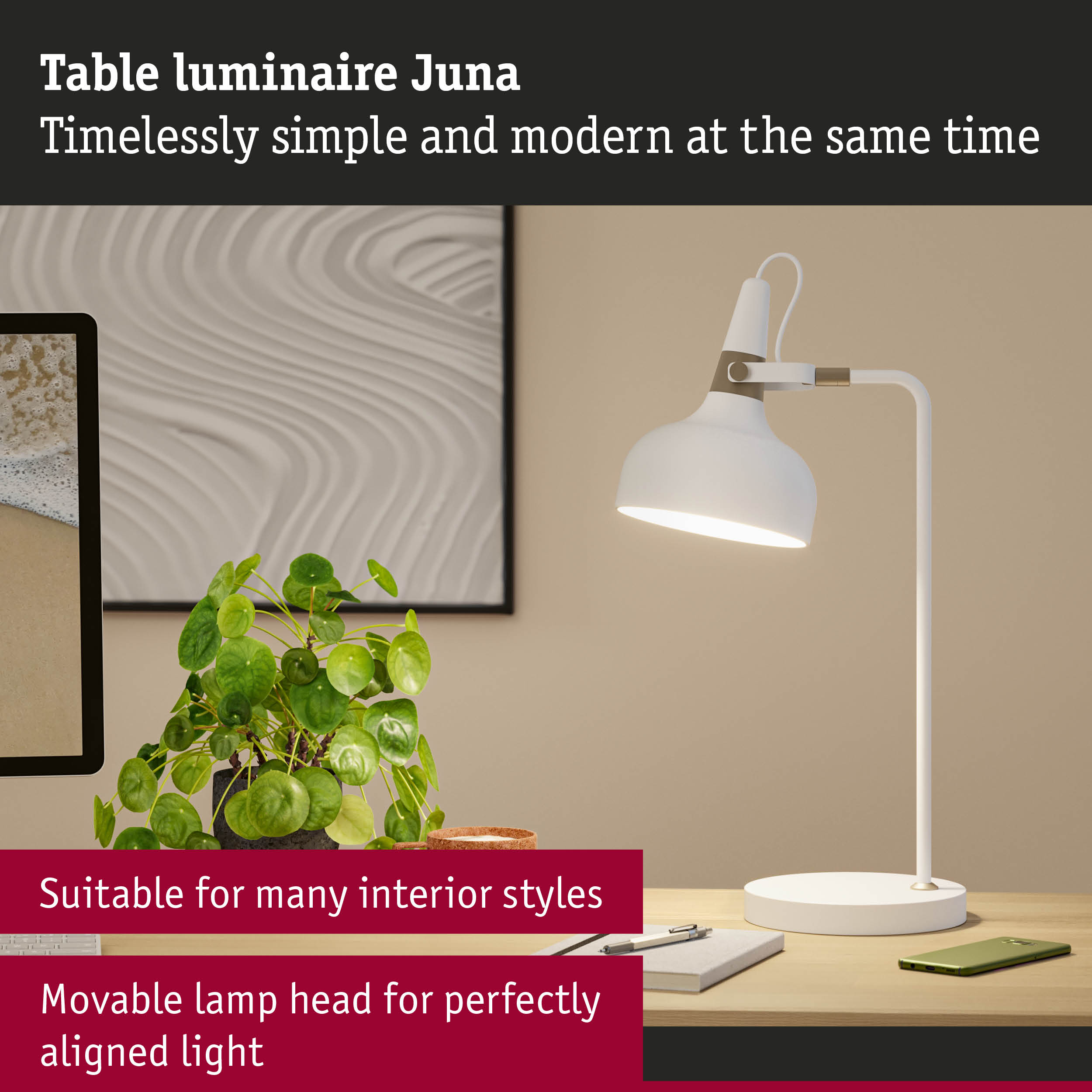 White metal Juna table lamp with adjustable head for modern interior lighting