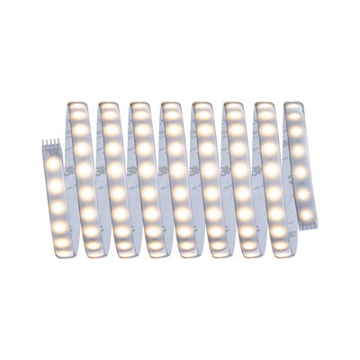Flexible LED strip light with warm white glow and adhesive backing for versatile lighting solutions.