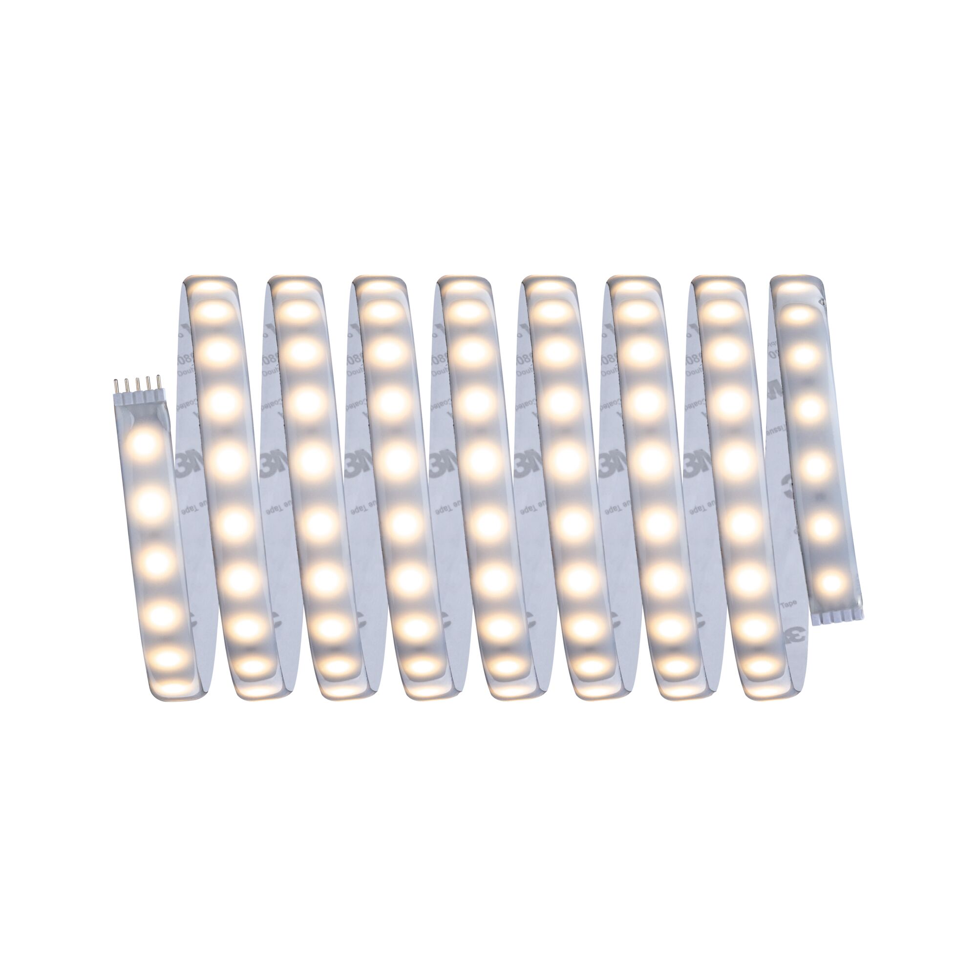 Flexible LED strip light with warm white glow and adhesive backing for versatile lighting solutions.