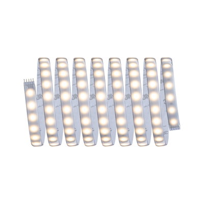 Flexible LED strip light with warm white glow and adhesive backing for versatile lighting solutions.