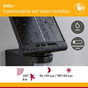 Schwarzes Solar-Funktionslicht mit IP65 Schutz und wechselbarem Akku, wasserdicht mit Bewegungsmelder.