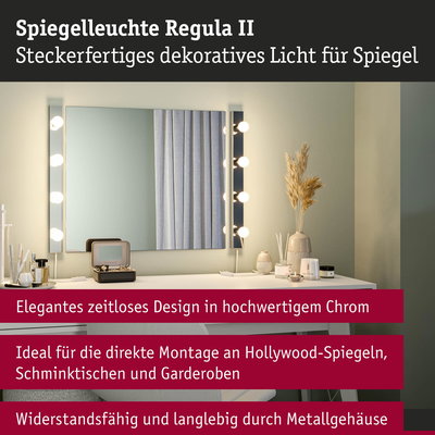 Spiegelleuchte Regula II aus hochwertigem Chrom mit dekorativen Leuchtmitteln für Hollywood-Spiegel und Schminktische