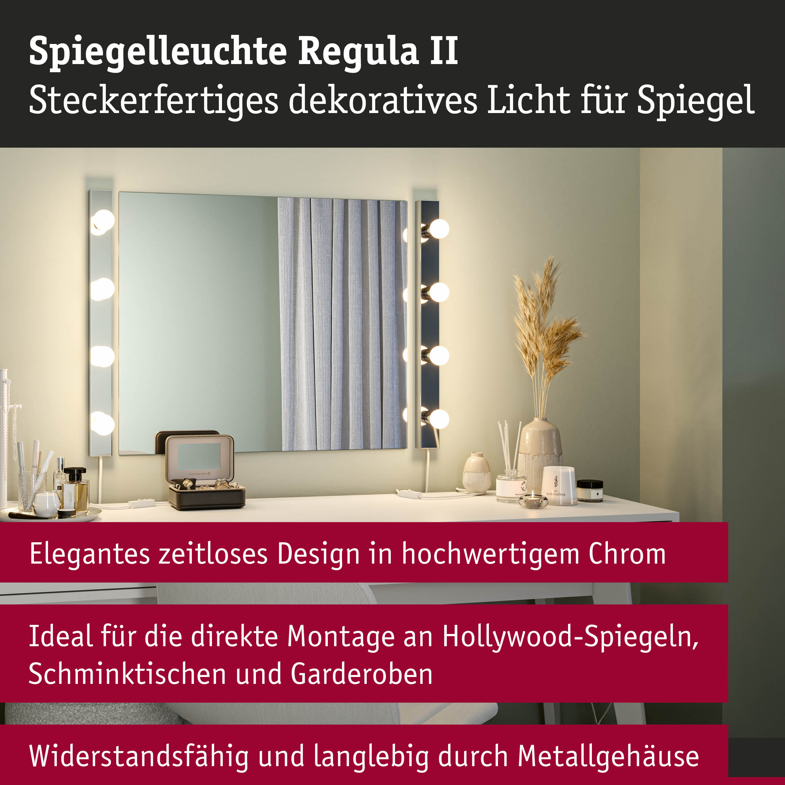 Spiegelleuchte Regula II aus hochwertigem Chrom mit dekorativen Leuchtmitteln für Hollywood-Spiegel und Schminktische