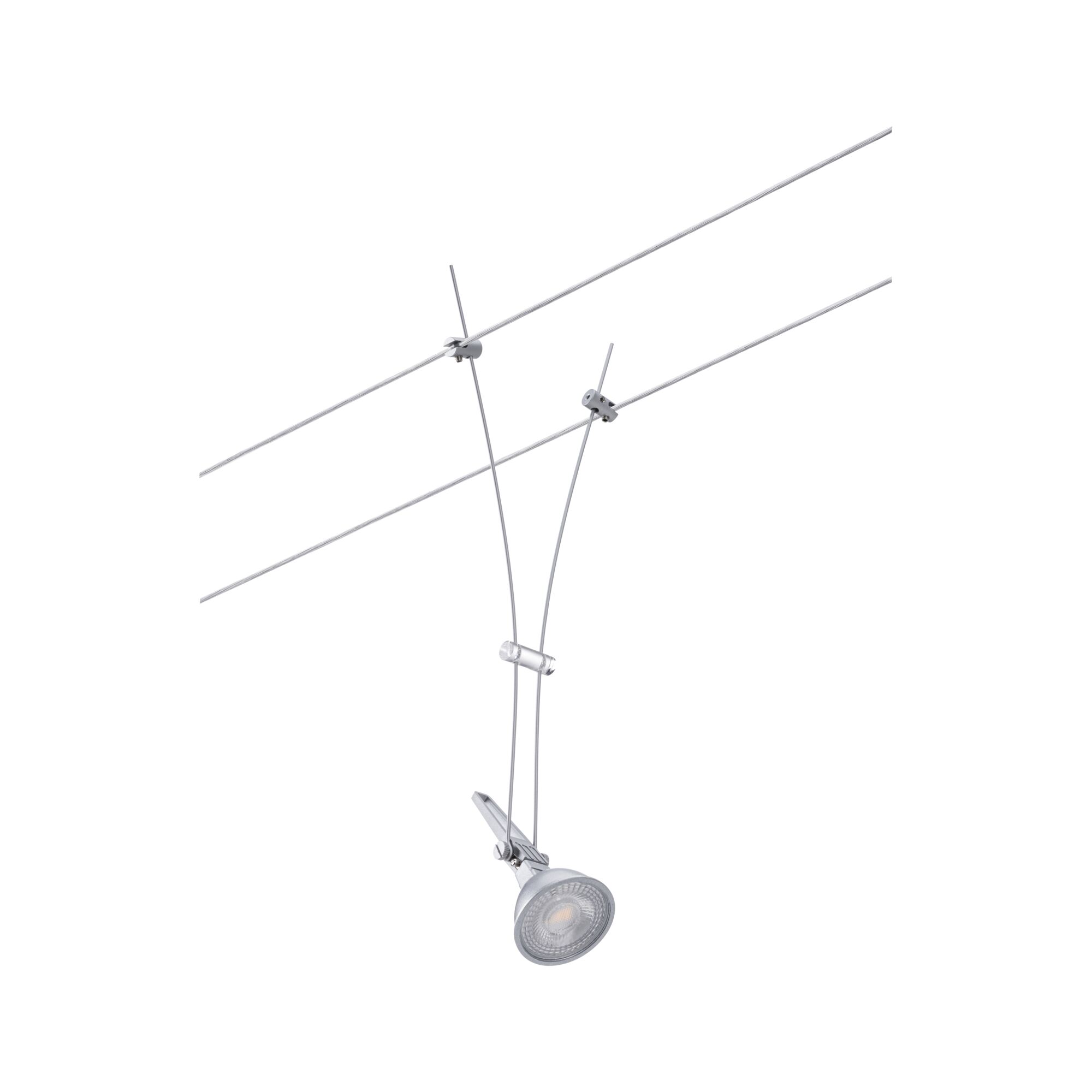 Silberne Seilstrahler-Leuchte aus Metall mit LED-Spot für flexible Beleuchtungssysteme