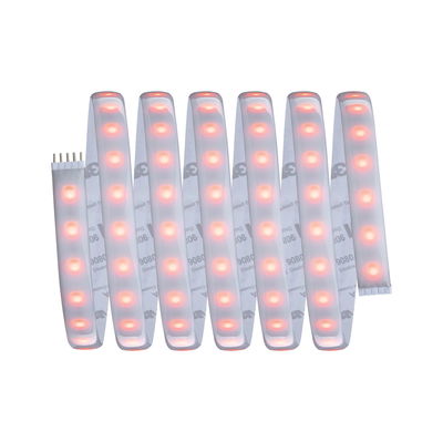 Bande LED flexible avec LEDs rouge chaud et support blanc pour éclairage décoratif.