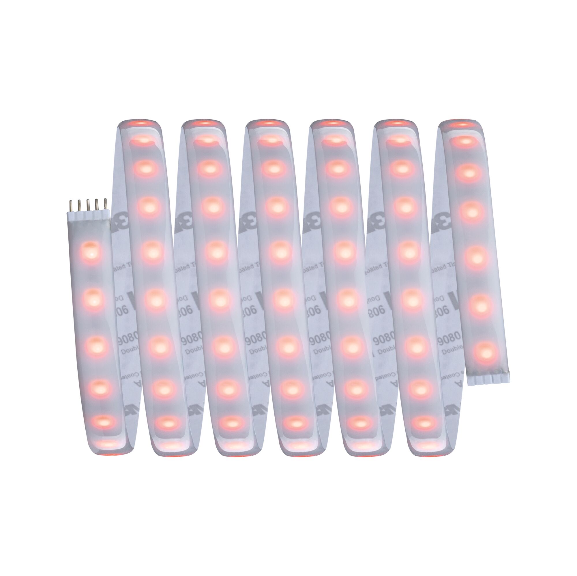 Flexible LED strip light with warm red LEDs and white base for decorative lighting solutions.