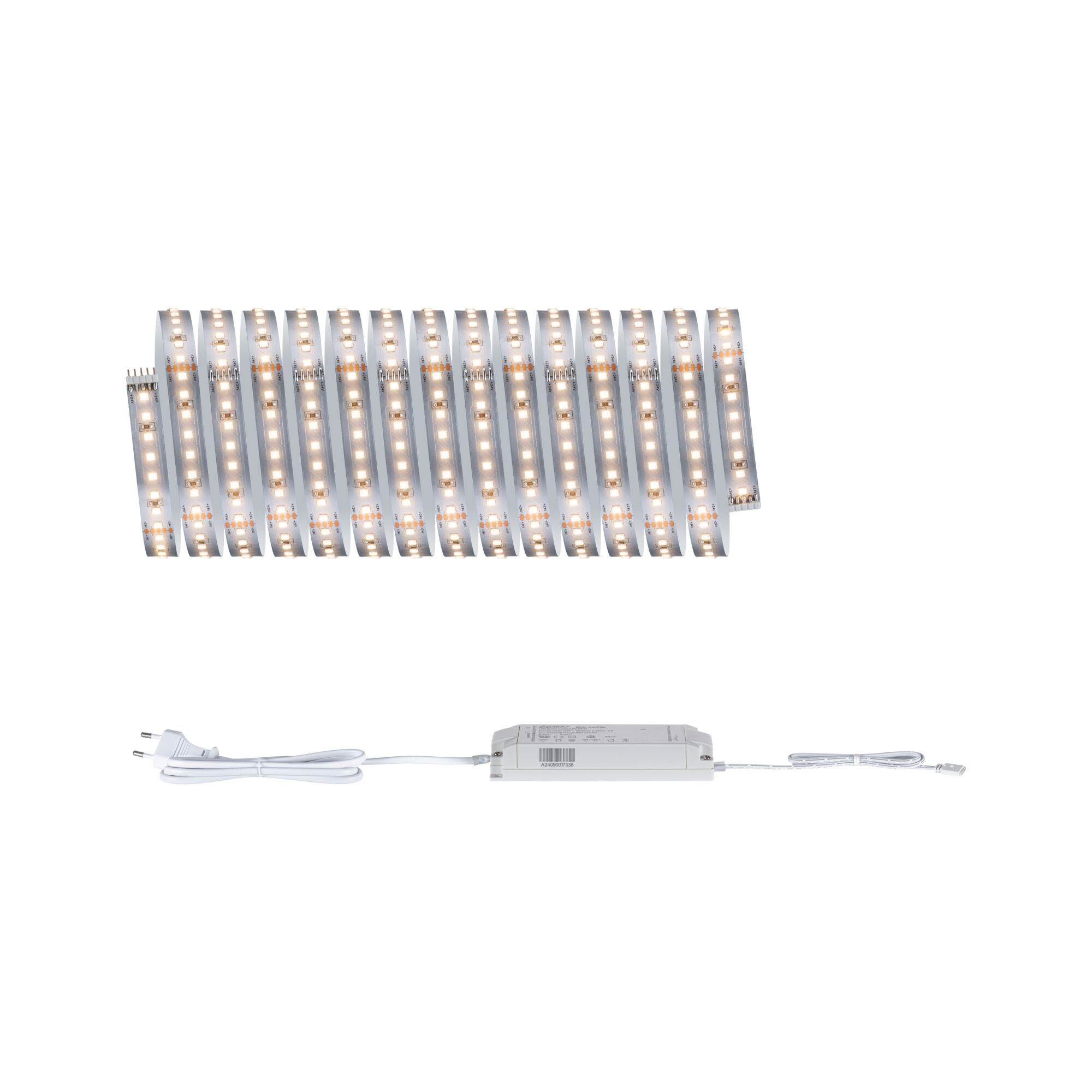 MaxLED 1000 LED Strip Basisset 5m Warmweiß 30W 1100lm/m 2700K 60VA Flexibler LED-Lichtstreifen mit Netzteil in Weiß für moderne Innenbeleuchtung und Dekoration
