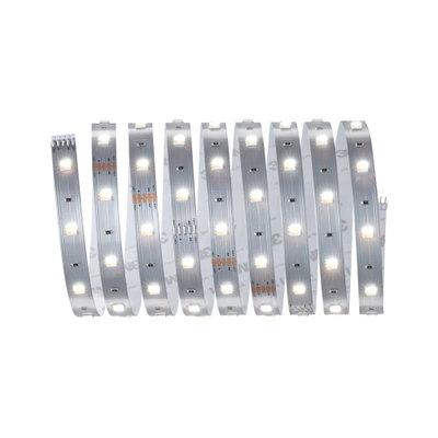 Flexible LED strip light with warm white LEDs on silver circuit board for versatile lighting use.