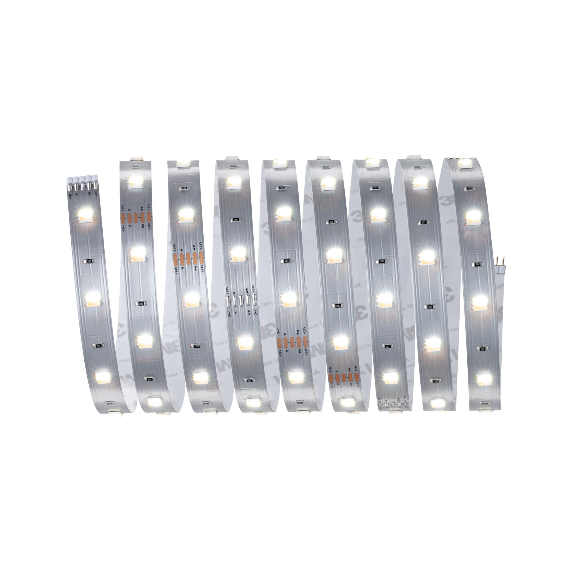 Flexibler LED-Lichtstreifen mit warmweißem Licht auf silberner Platine für vielseitige Beleuchtung.