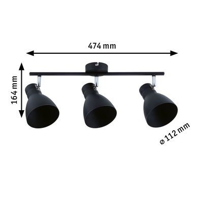 Zwarte metalen plafondlamp met drie verstelbare spots, afmetingen 474x164 mm