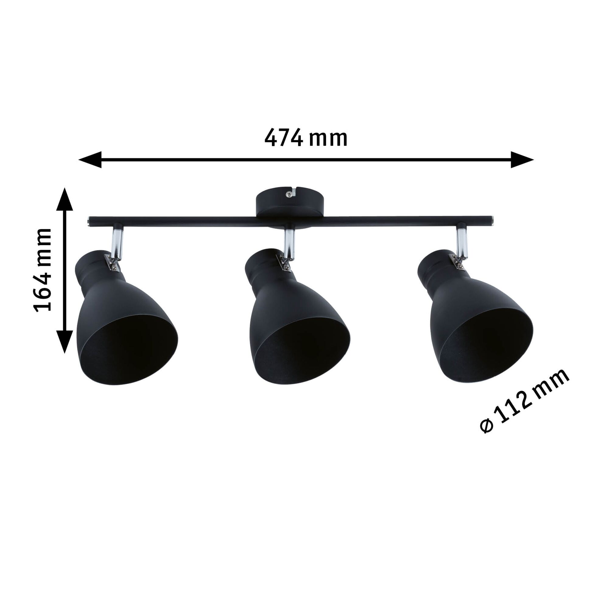 Zwarte metalen plafondlamp met drie verstelbare spots, afmetingen 474x164 mm
