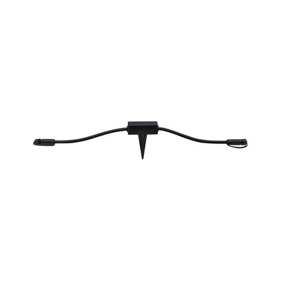 Black plastic connection cable with ground spike and connectors for outdoor lighting setup