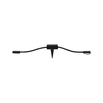 Black plastic connection cable with ground spike and connectors for outdoor lighting setup