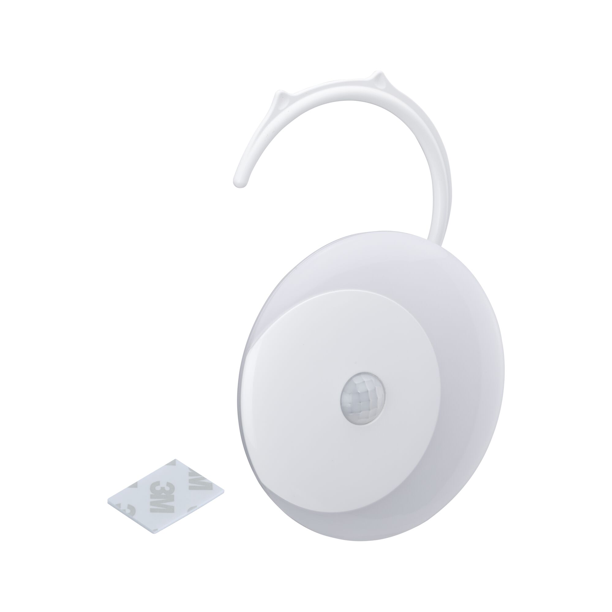 White round plastic motion sensor with hook and 3M adhesive pad for easy installation