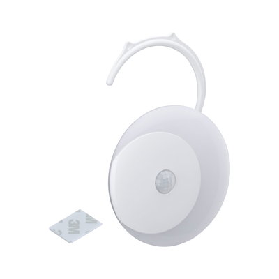 White round plastic motion sensor with hook and 3M adhesive pad for easy installation