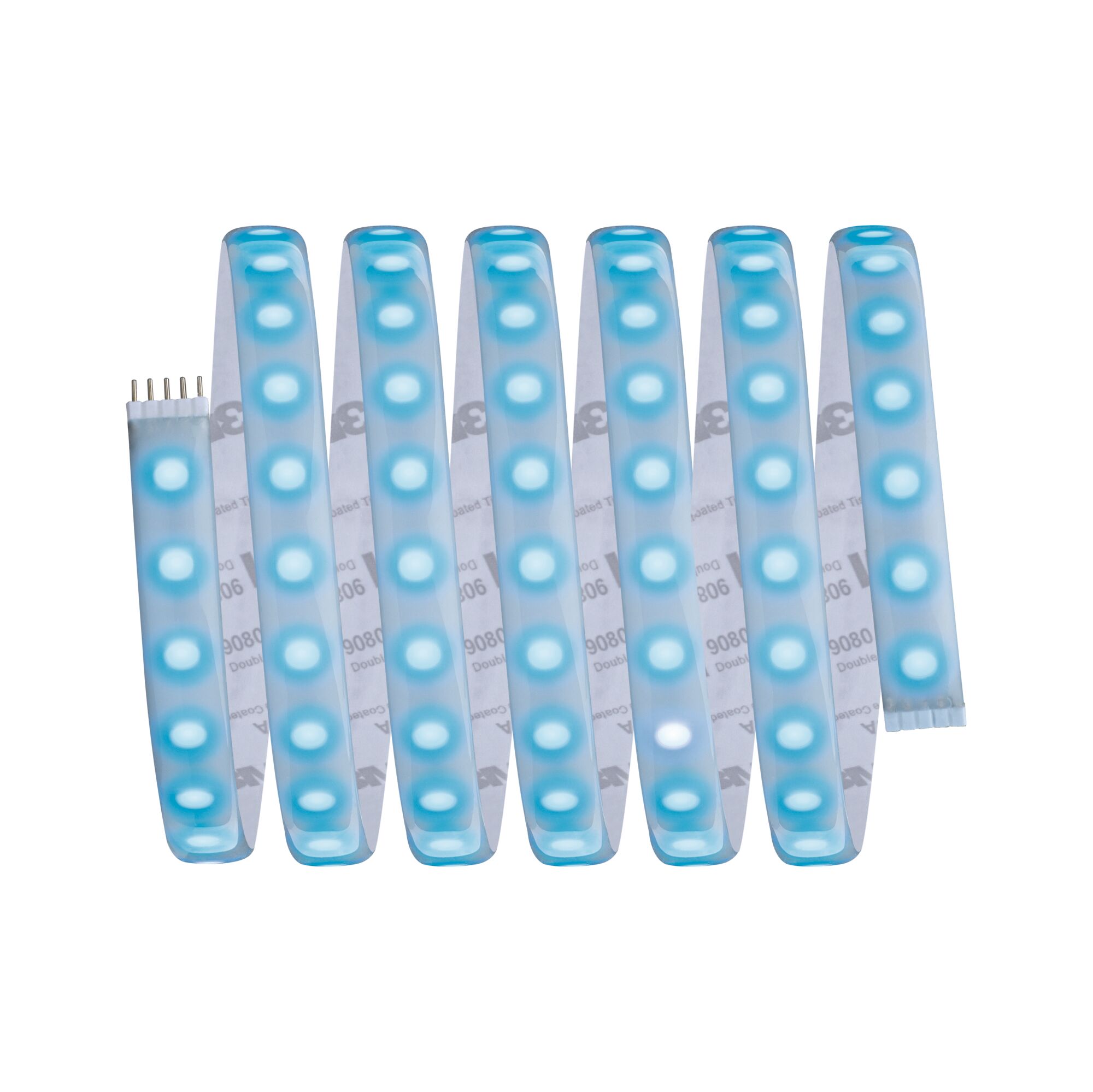 Flexible LED strip with blue lights and white backing for decorative lighting applications