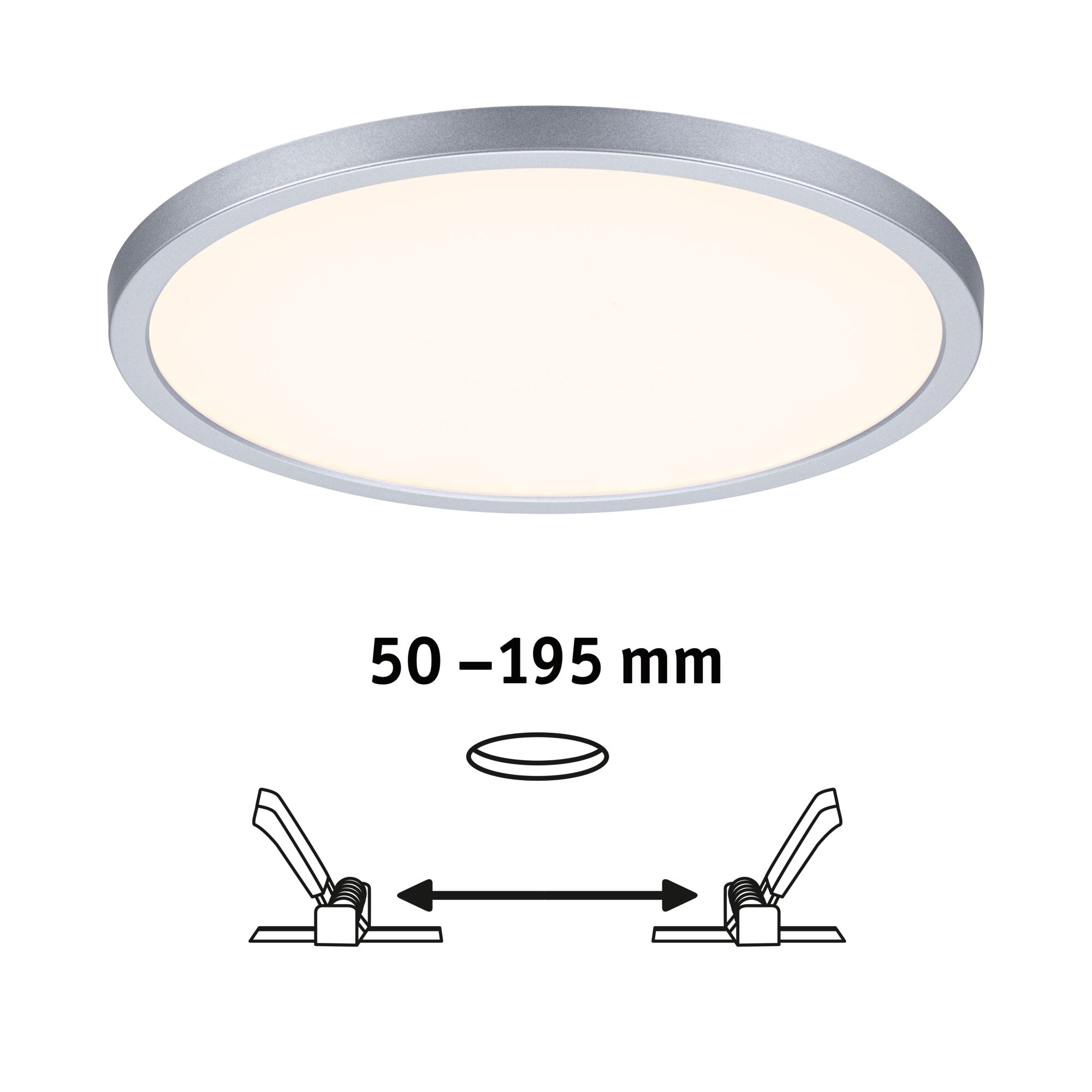 Round LED ceiling light with silver aluminum frame and adjustable installation opening 50-195 mm