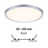 Round LED ceiling light with silver aluminum frame and adjustable installation opening 50-195 mm