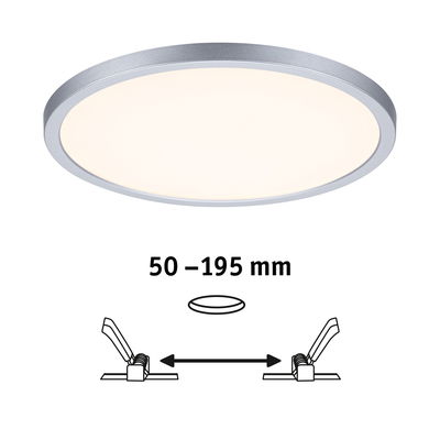 Round LED ceiling light with silver aluminum frame and adjustable installation opening 50-195 mm