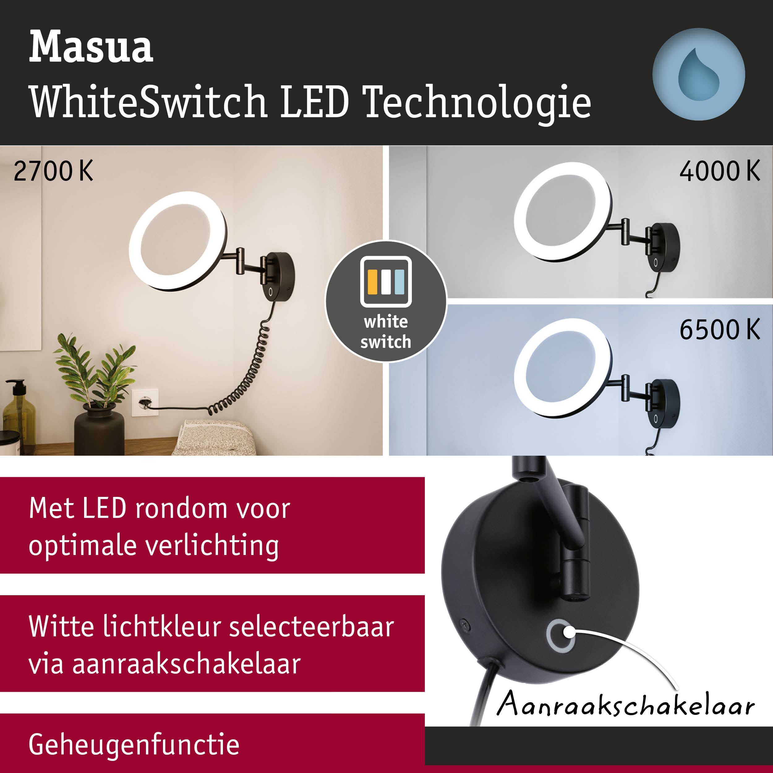 Masua WhiteSwitch zwarte LED-wandlamp met instelbare witte lichtkleur van 2700K tot 6500K