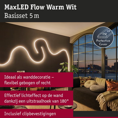 Flexibele MaxLED Flow Warm Wit LED-lichtstrip 5 m als wanddecoratie met warm licht en beschermhoes