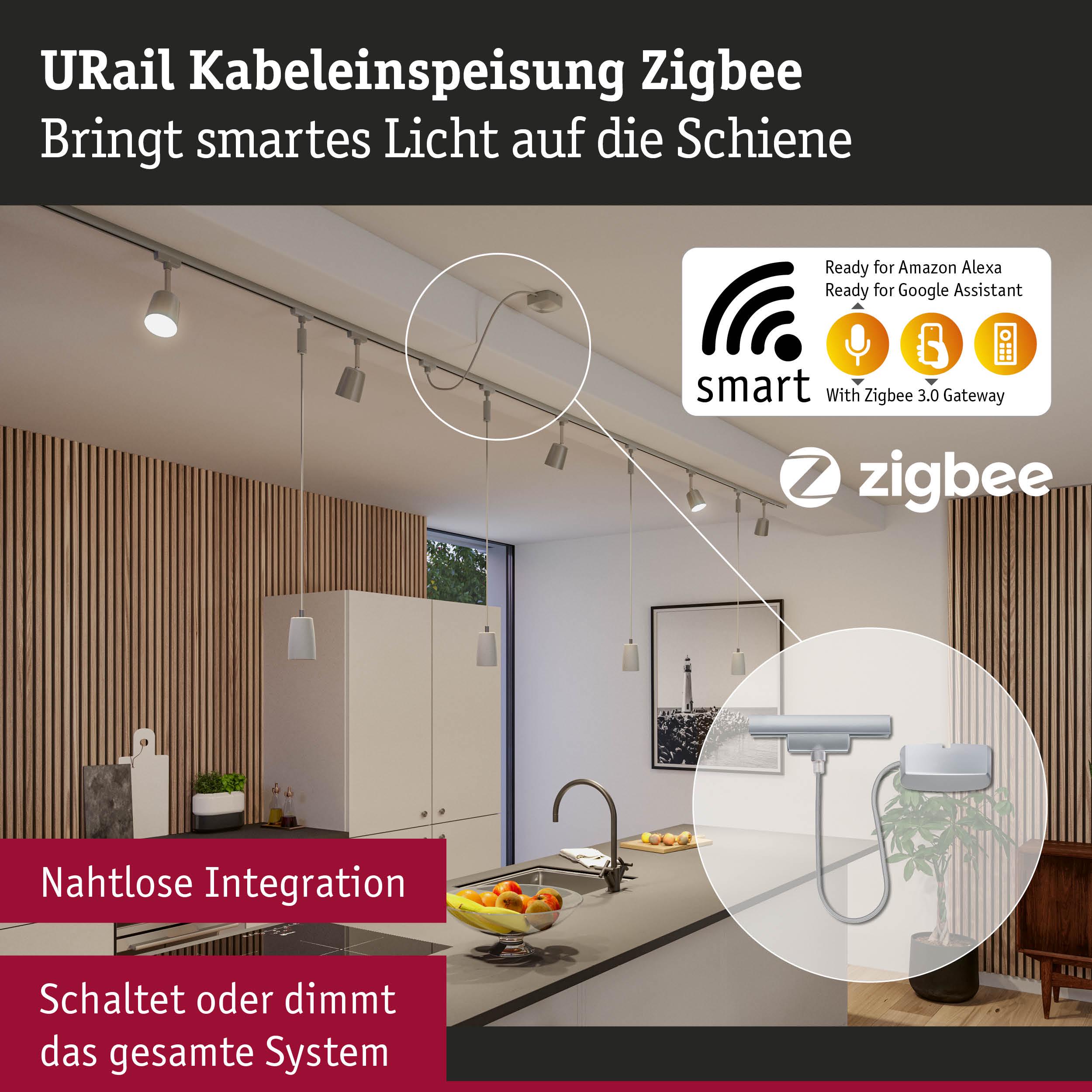 URail Zigbee Kabeleinspeisung in Silber für smarte Lichtsteuerung mit Alexa und Google Assistant Integration
