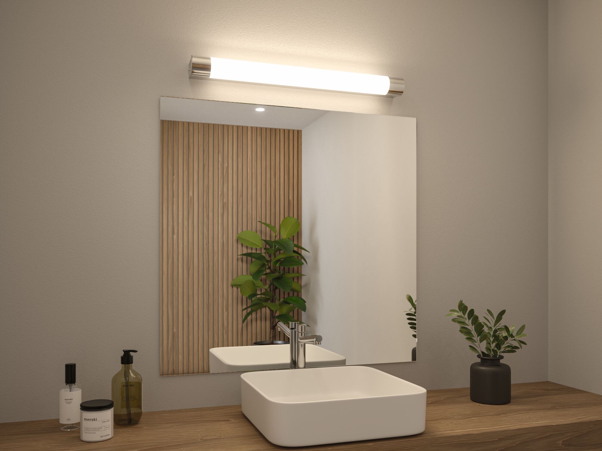 Moderne Badezimmerbeleuchtung mit weißem LED-Wandlicht und Holzarbeitsplatte mit Waschbecken
