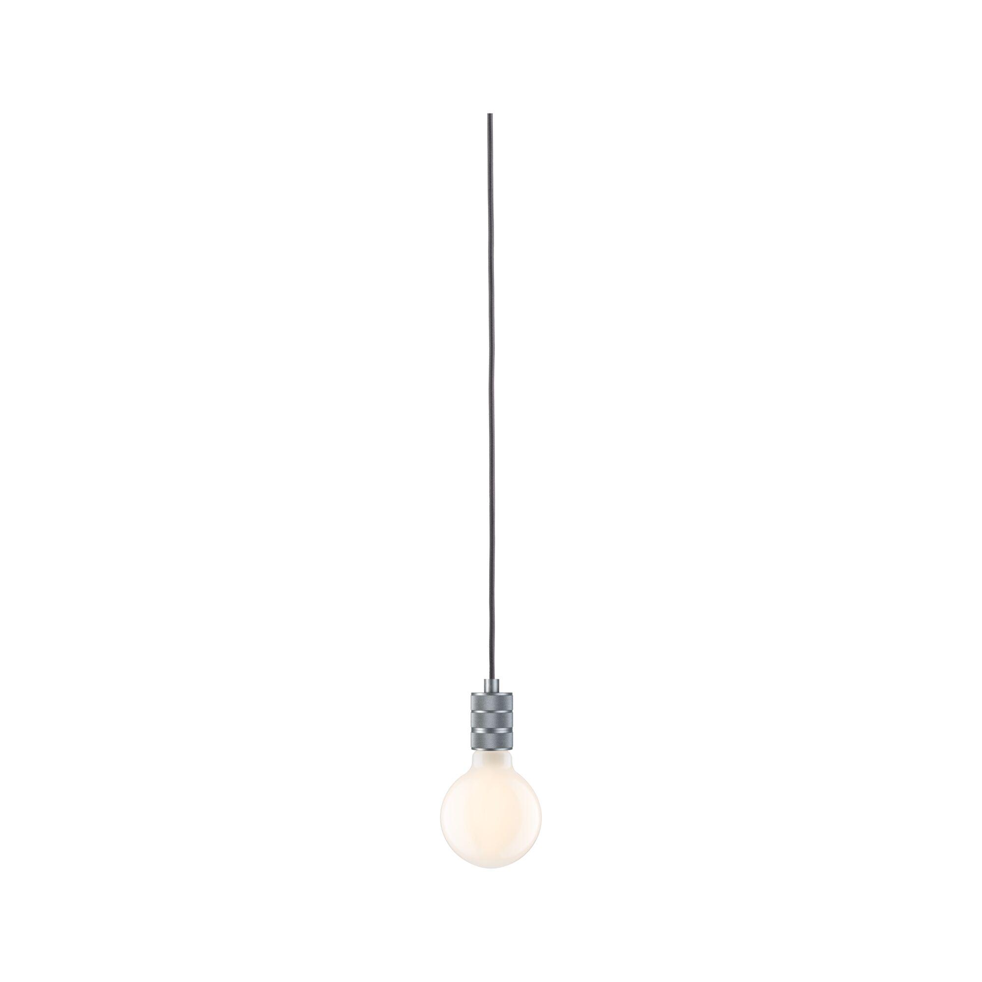 Pendant lamp with matte bulb and silver metal socket on black cable for modern lighting