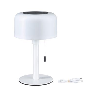 Weiße Tischlampe aus Metall mit Zugschalter und USB-Ladekabel für moderne Beleuchtung