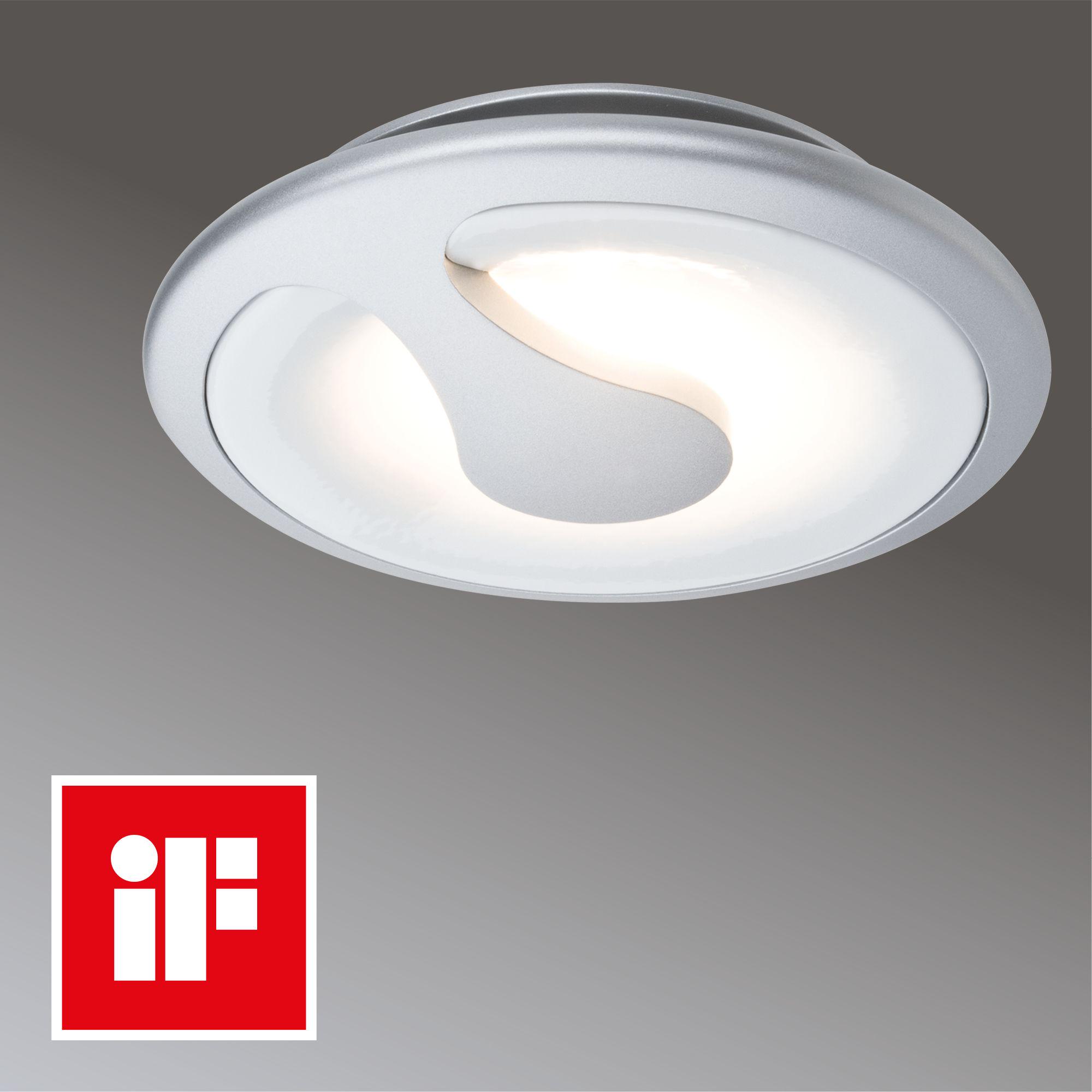 Plafonnier rond en métal argenté avec diffuseur blanc, design moderne pour éclairage intérieur.