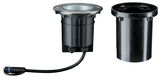 Black recessed outdoor light with metal ring and cable connection made of plastic for garden lighting