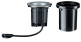 Black recessed outdoor light with metal ring and cable connection made of plastic for garden lighting