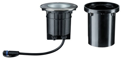 Zwarte inbouw buitenlamp van kunststof met metalen ring en kabelverbinding voor tuinverlichting