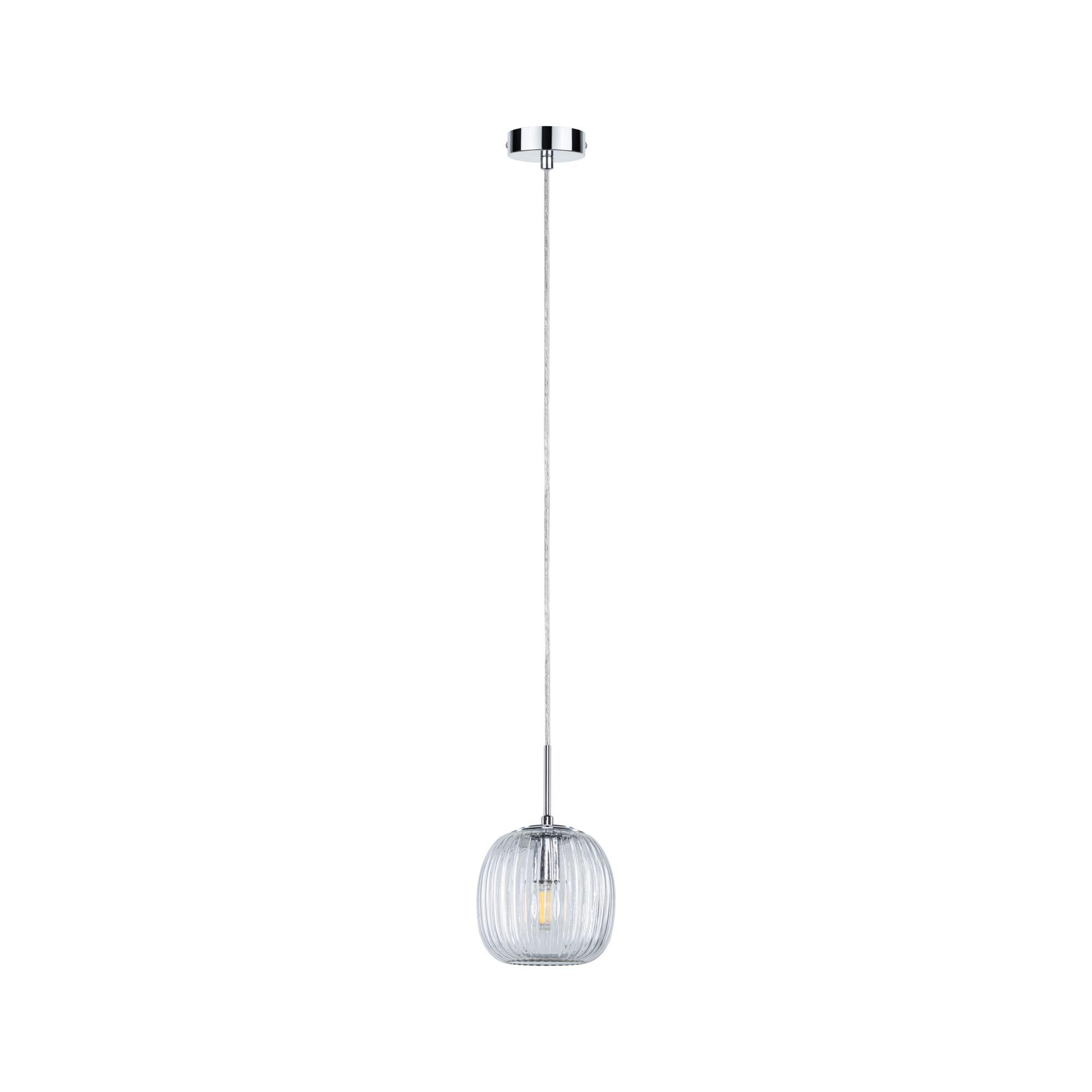 Pendant lamp with transparent ribbed glass and chrome metal for modern interior lighting