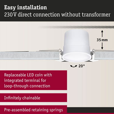Cross-section of white LED recessed spotlight with 35 mm depth and 20° tilt, easy 230V installation