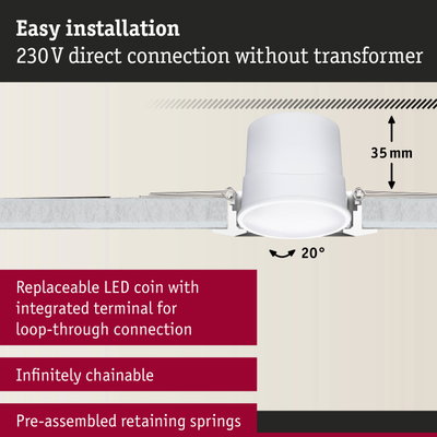 White LED recessed spotlight with 35 mm depth and 20° tilt for easy 230V direct connection installation