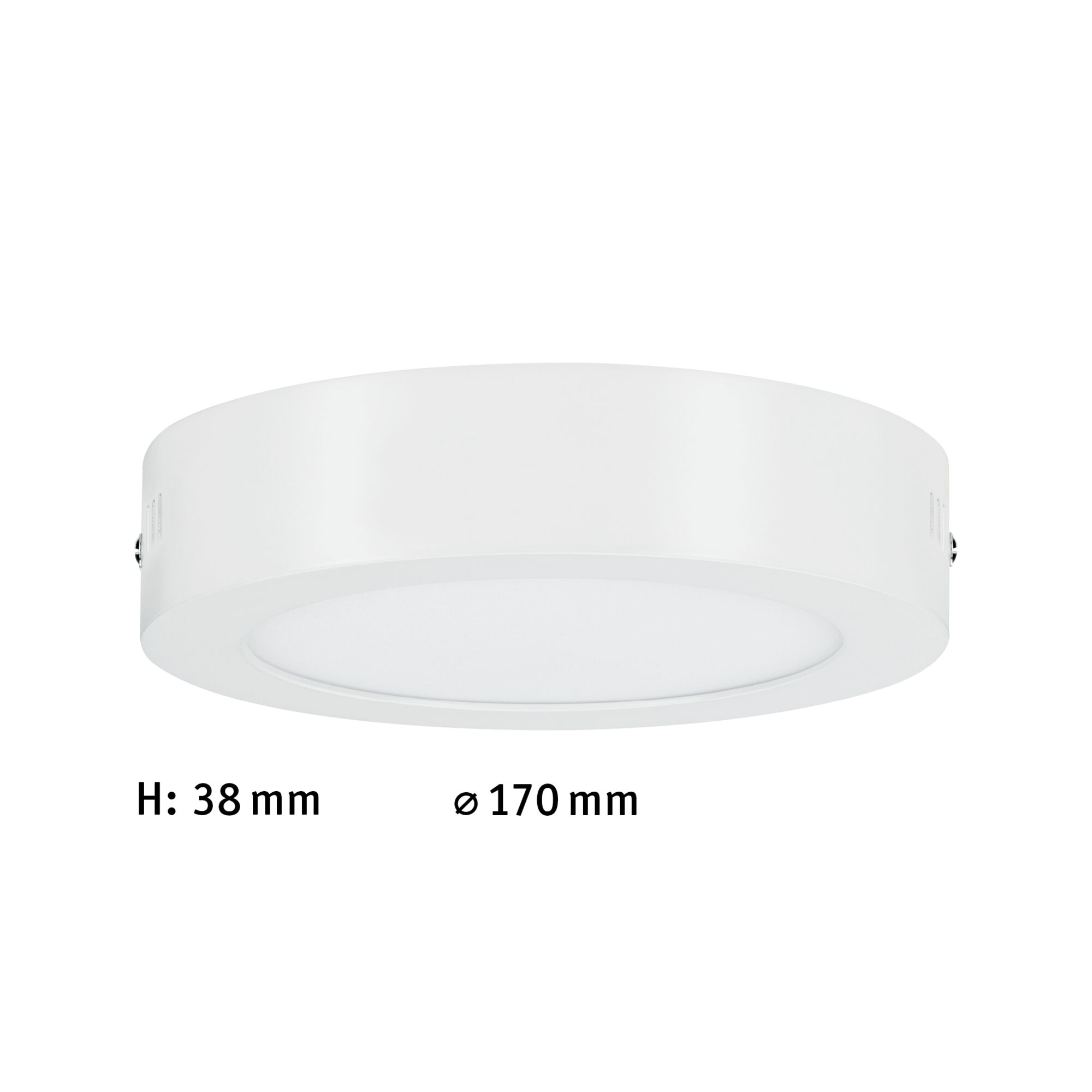 Flache weiße LED-Deckenleuchte aus Metall mit 170 mm Durchmesser und 38 mm Höhe für Wohnräume