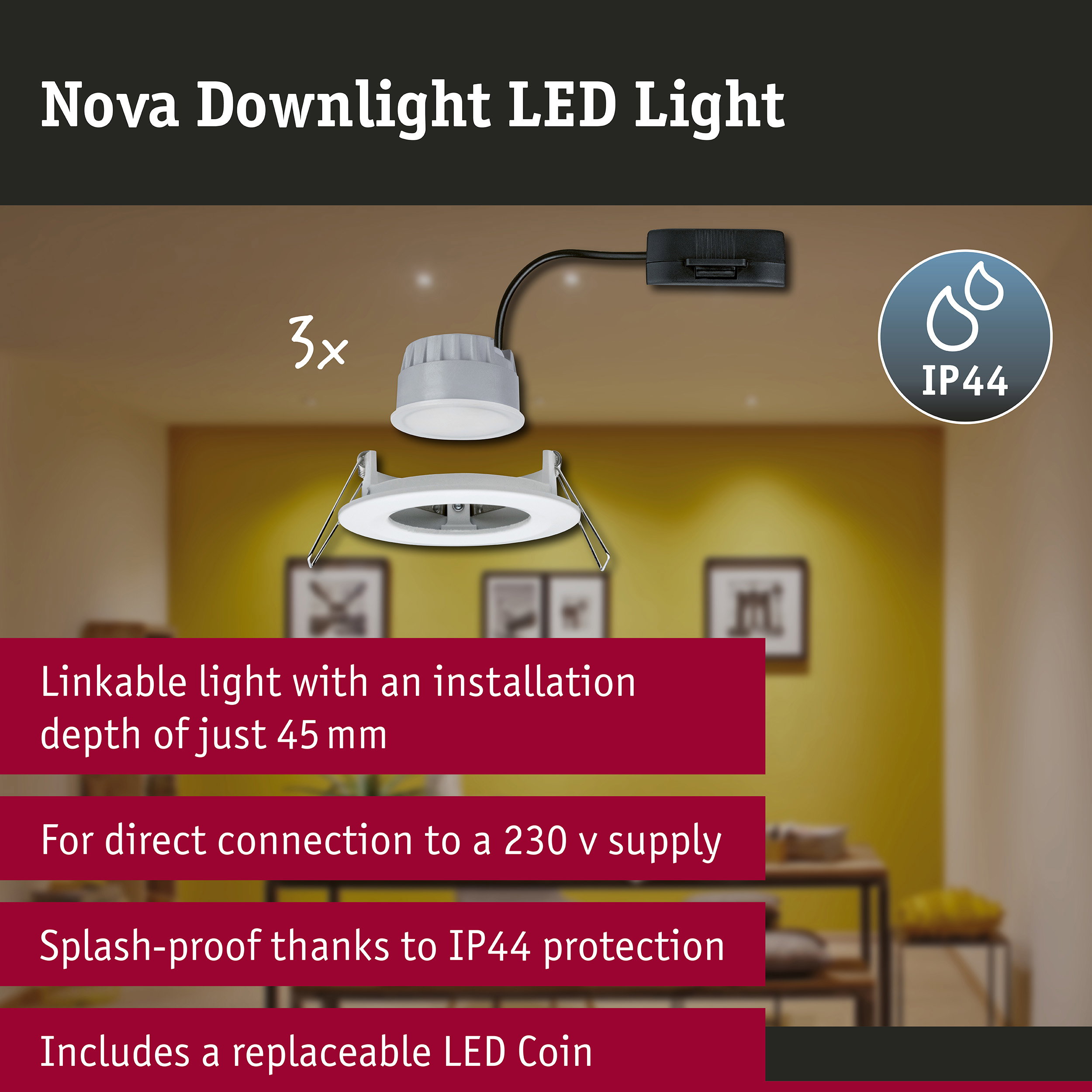 LED Downlight 3-Step-Dim Nova Coin Basic Set Rigid IP44 round 78mm Coin 3x6W 3x470lm 230V dimmable 2700K Matt white