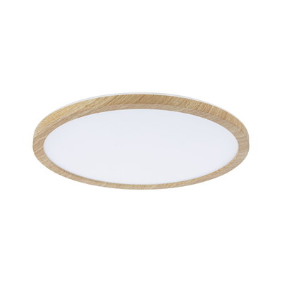 Plafonnier rond avec cadre en bois naturel et diffuseur blanc pour éclairage LED chaud