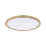 Round ceiling light with natural wood frame and white diffuser providing warm LED illumination