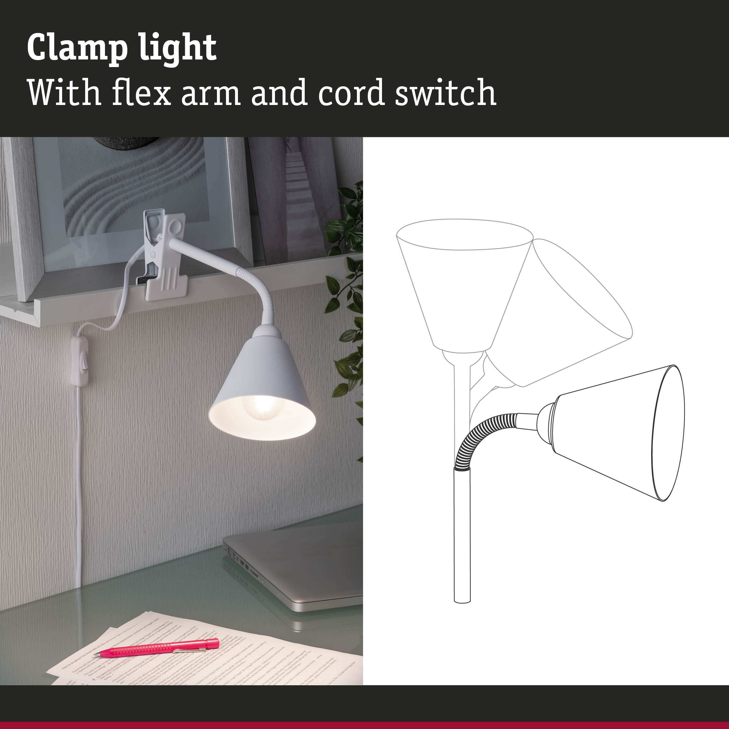 White clamp light with flexible arm and cord switch for desk lighting