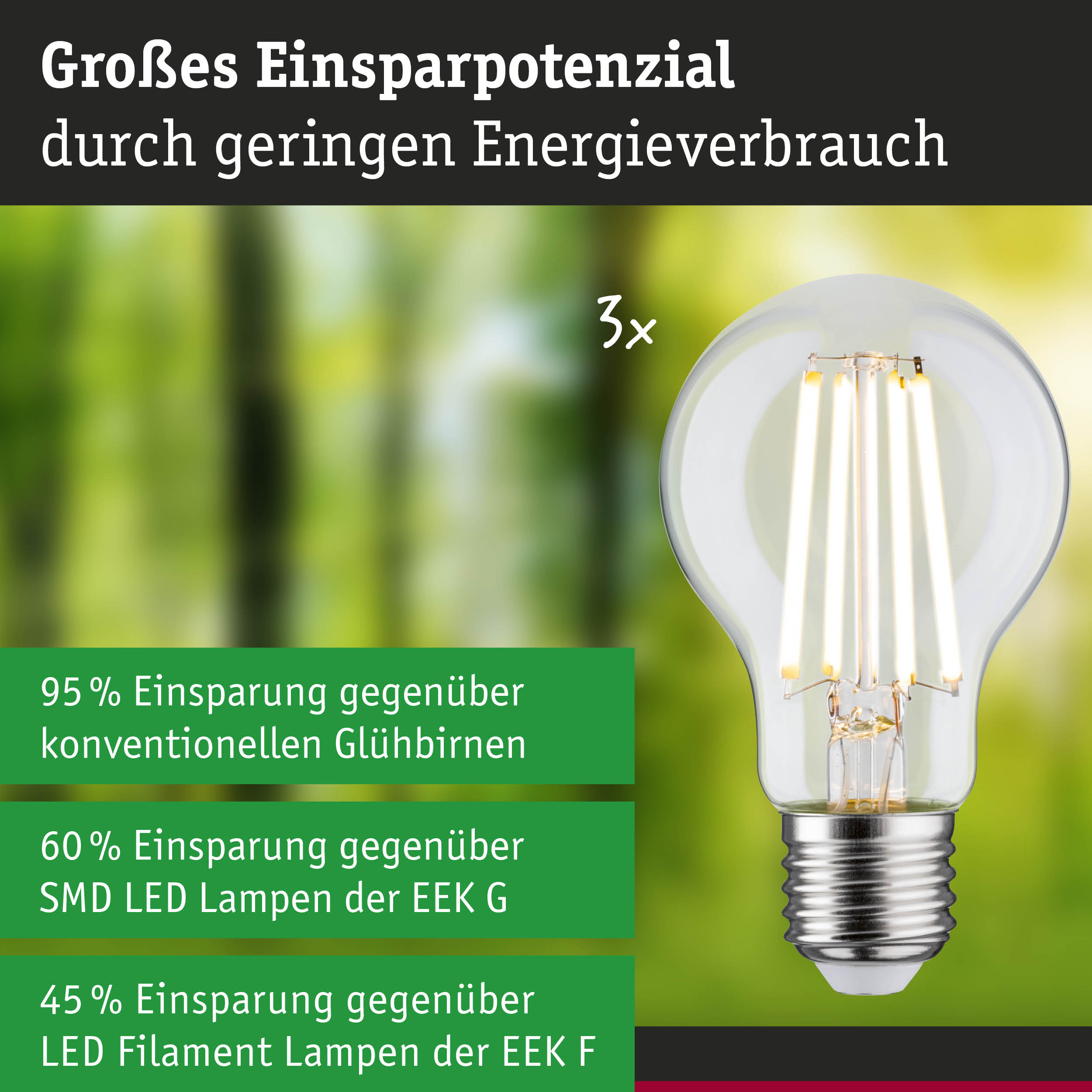 Efficient-Line Filament 230V LED Birne E27 3er-Set 3x840lm 3x4W 3000K Klar