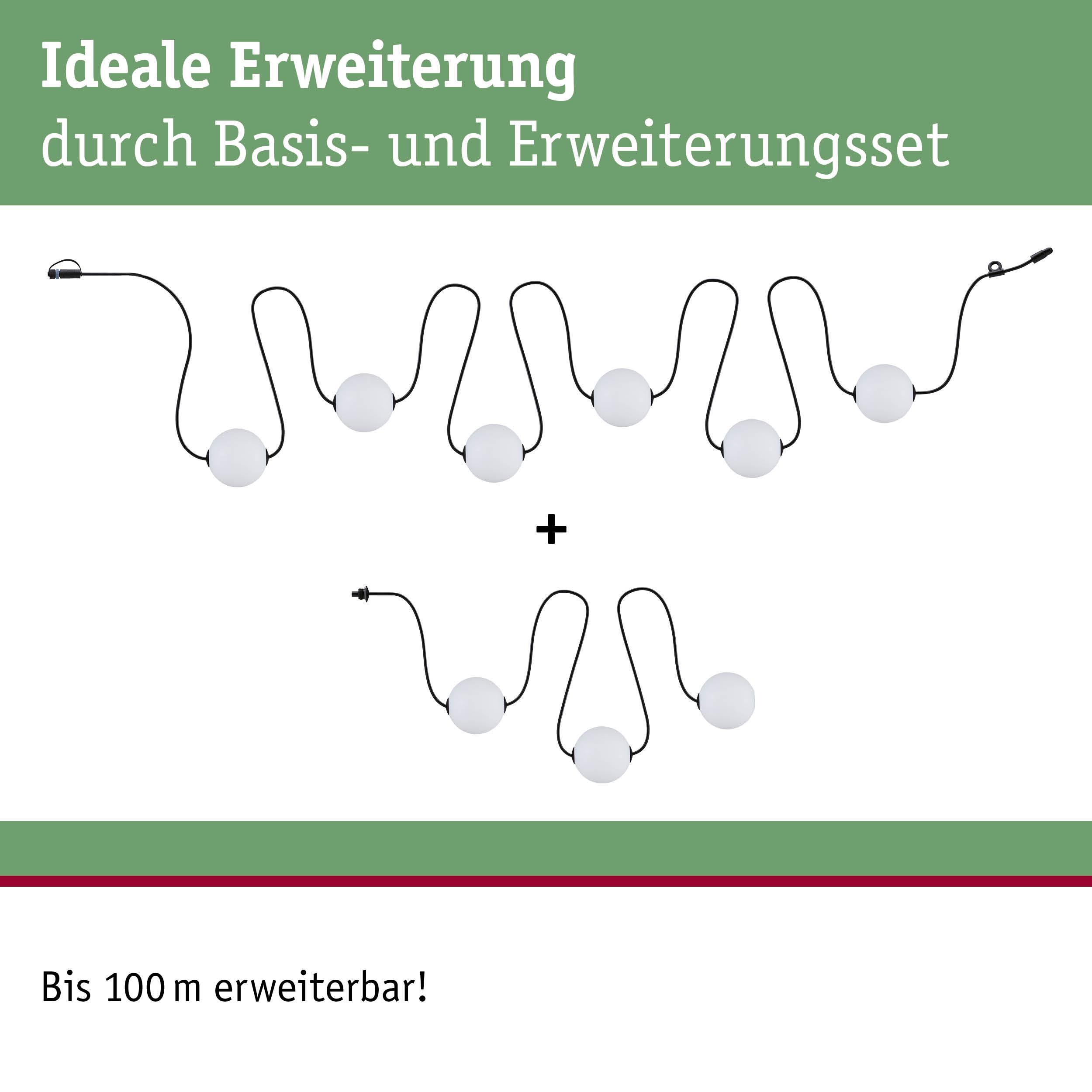 Erweiterungsset mit weißen Kugellichtern an schwarzem Kabel, bis 100 m erweiterbar für Beleuchtung.