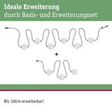Erweiterungsset mit weißen Kugellichtern an schwarzem Kabel, bis 100 m erweiterbar für Beleuchtung.