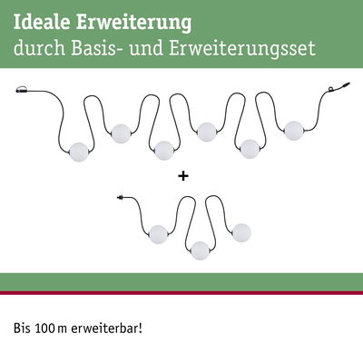 Erweiterungsset mit weißen Kugellichtern an schwarzem Kabel, bis 100 m erweiterbar für Beleuchtung.