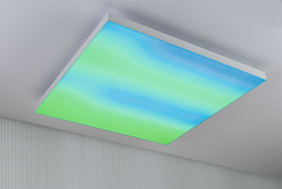 Square LED ceiling light with white frame and blue-green gradient for modern ambient lighting
