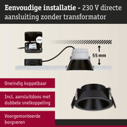 Zwarte metalen inbouwspot met 55 mm inbouwdiepte en directe 230 V aansluiting zonder transformator